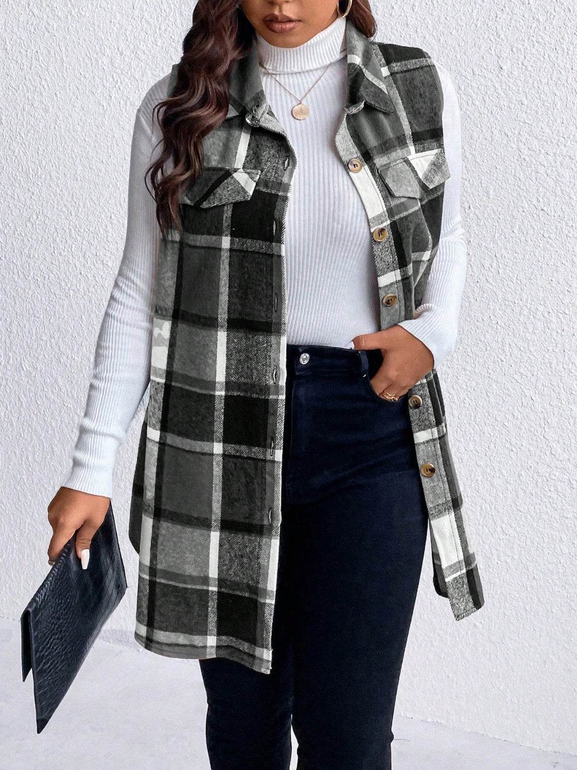 Honey Plus Size Pocketed Plaid Button Up Vest Coat - Hovatok