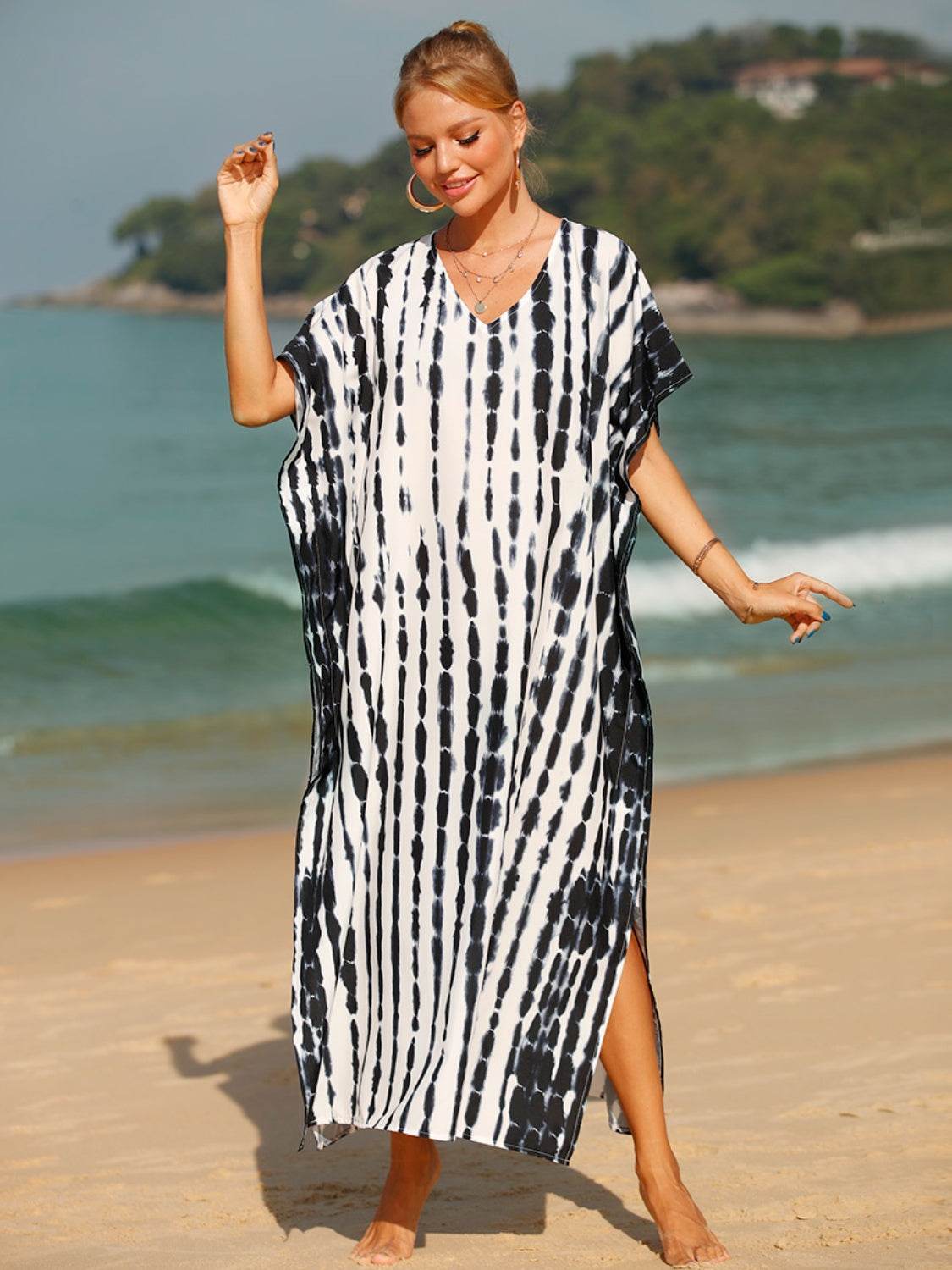 Tie-Dye V-Neck Half Sleeve Cover-Up - Hovatok