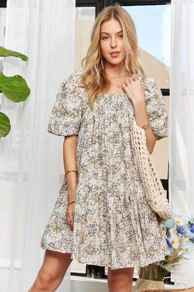 ADORA Floral Square Neck Puff Sleeve Dress - Hovatok
