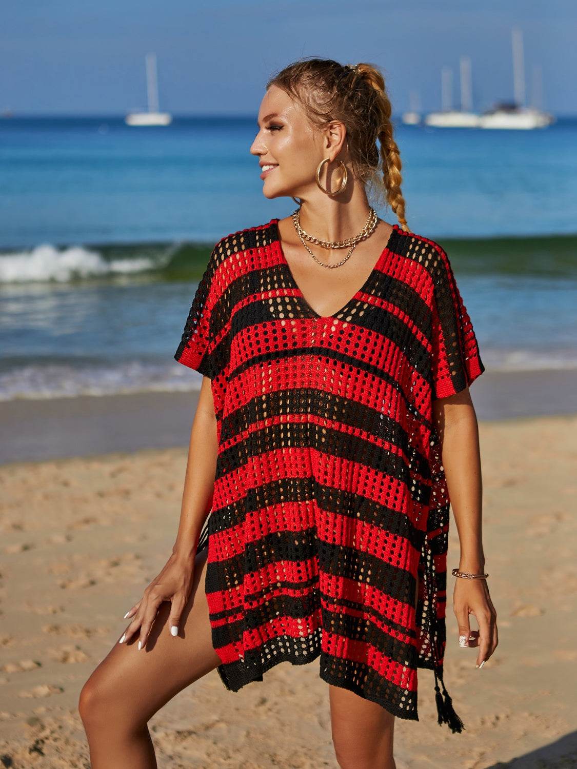 Angel Wings Tassel Openwork Striped V-Neck Cover Up - Hovatok