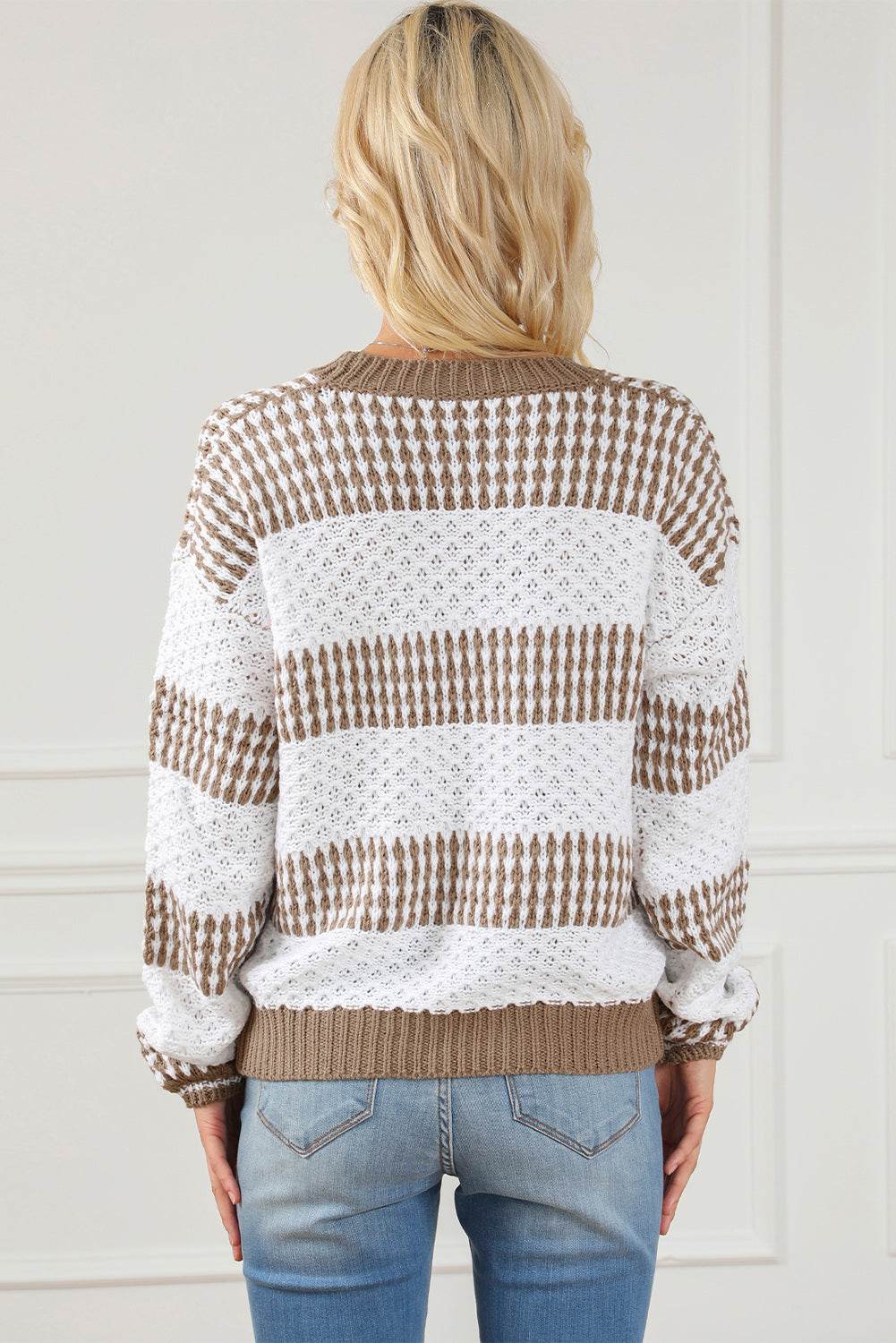 Striped Round Neck Long Sleeve Knit Top - Hovatok