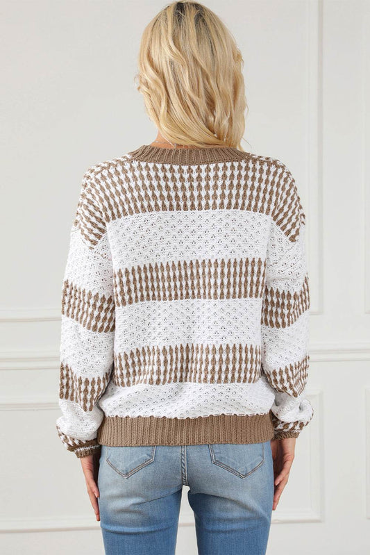 Striped Round Neck Long Sleeve Knit Top - Hovatok