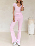 Devine V-Neck Top and Bootcut Leggings Set - Hovatok