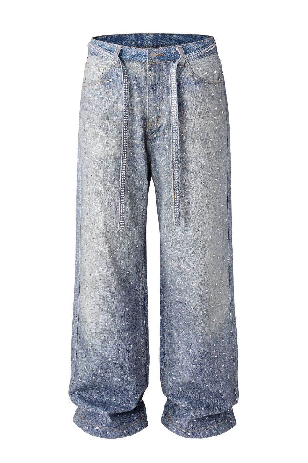 Men's Washed Rhinestone Jeans with Rhinestone Belt - Hovatok