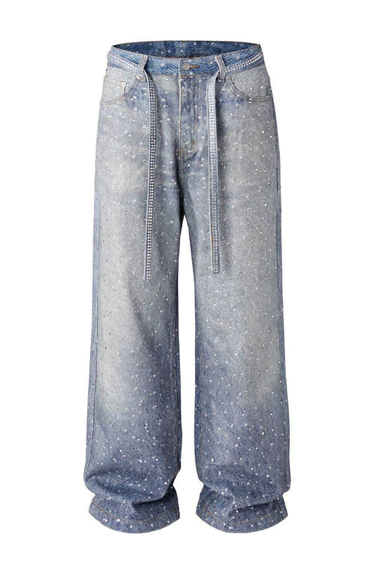 Men's Washed Rhinestone Jeans with Rhinestone Belt - Hovatok