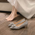 Glitter Point Toe Block Heel Pumps - Hovatok