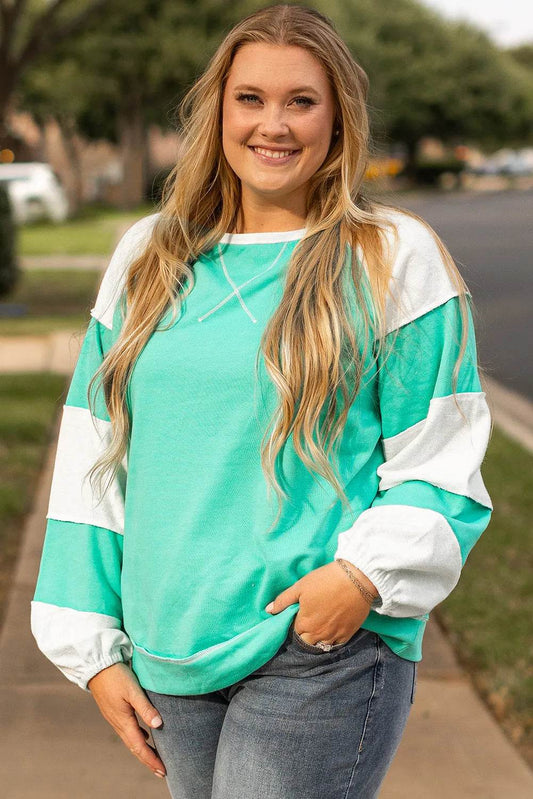 Plus Size Exposed Seam Color Block Long Sleeve Sweatshirt - Hovatok