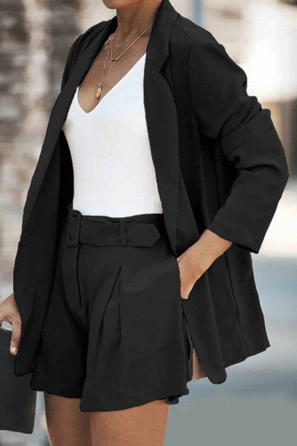 Longline Blazer and Shorts Set with Pockets - Hovatok