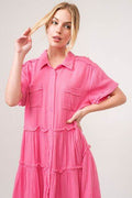 And The Why Full Size Raw Edge Washed Tiered Shirt Dress - Hovatok