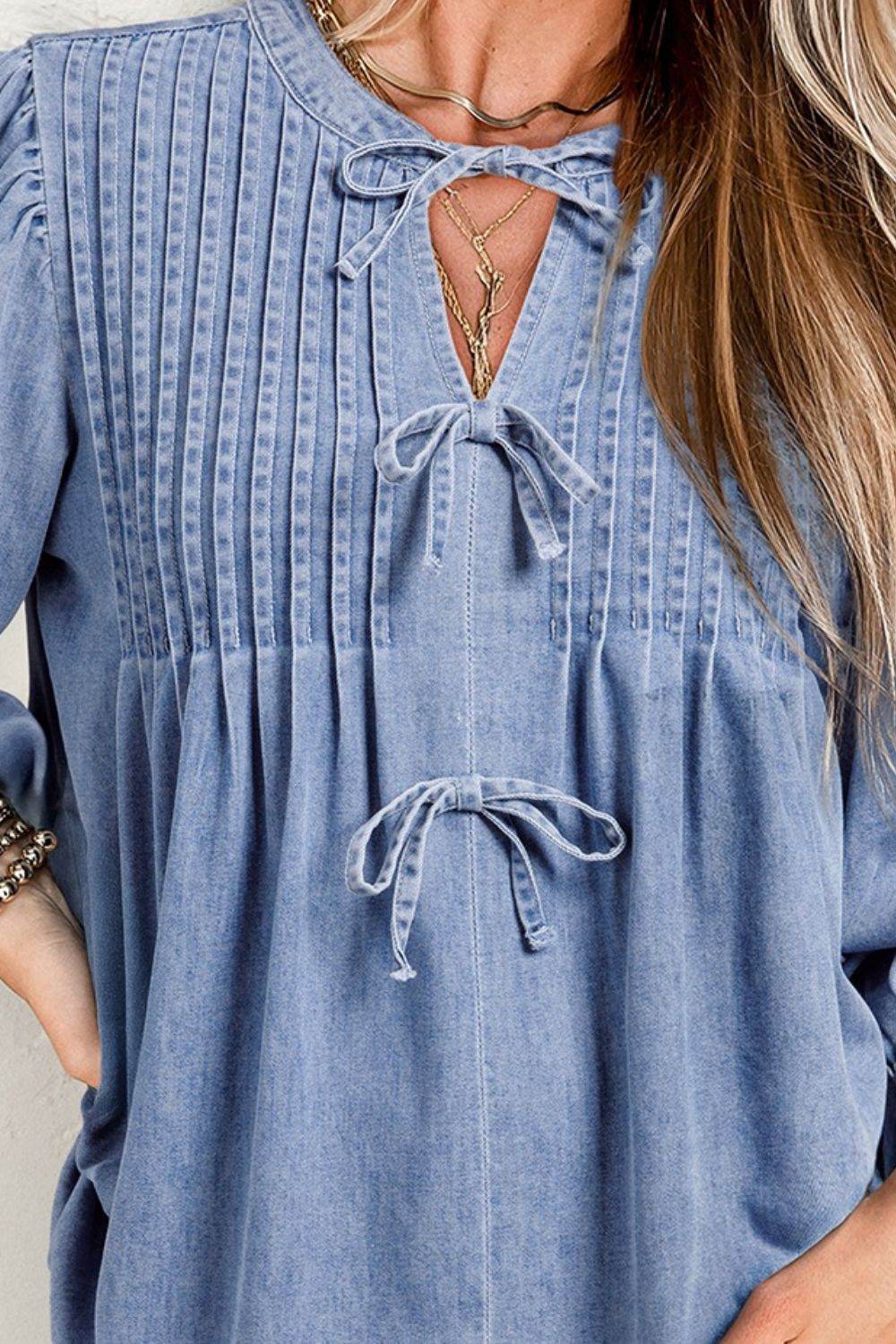 Bow Tie Long Sleeve Denim Top - Hovatok