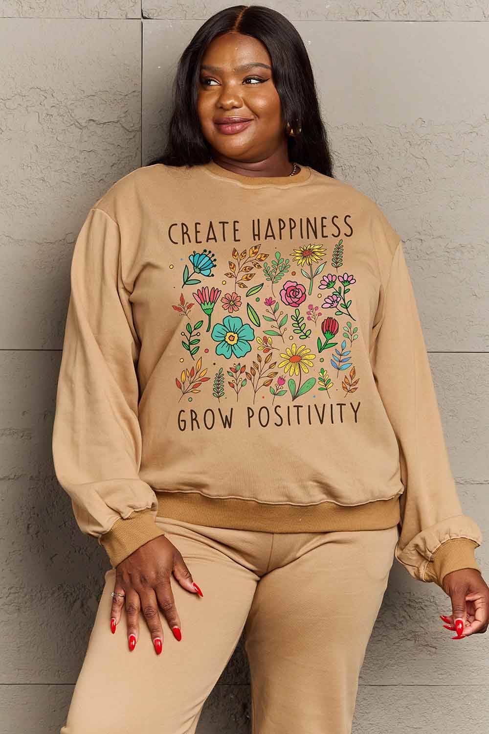 Simply Love Full Size CREATE HAPPINESS GROW POSITIVITY Graphic Sweatshirt - Hovatok