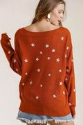 Umgee Full Size Star V-Neck Long Sleeve Sweater Plus Size - Hovatok
