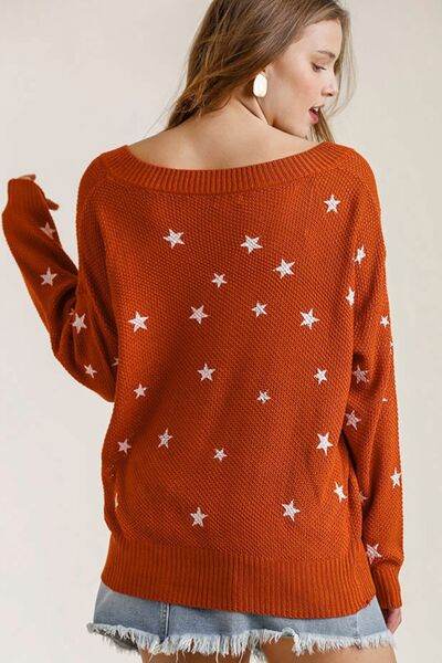 Umgee Full Size Star V-Neck Long Sleeve Sweater Plus Size - Hovatok
