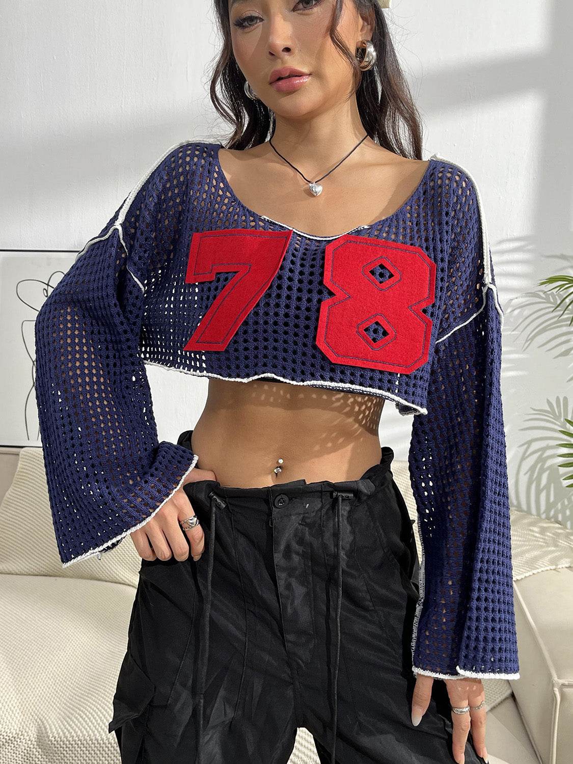 Contrast Patches Long Sleeve Cropped Knit Top - Hovatok