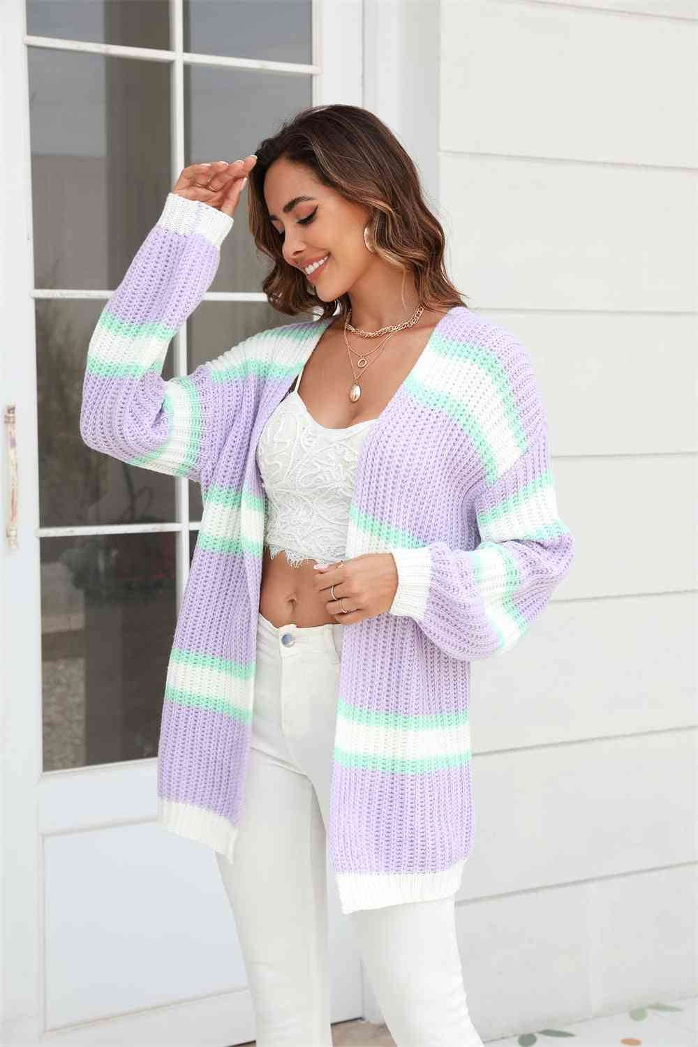 Angel Wings Color Block Ribbed Dropped Shoulder Open Front Cardigan - Hovatok