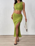 Perfee Texture Cropped Tank and Ruched Skirt Set - Hovatok