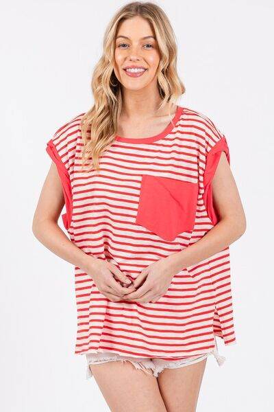 Ces Femme Side Slit Striped Cap Sleeve T-Shirt - Hovatok