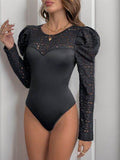 Perfee Lace Round Neck Puff Sleeve Bodysuit - Hovatok