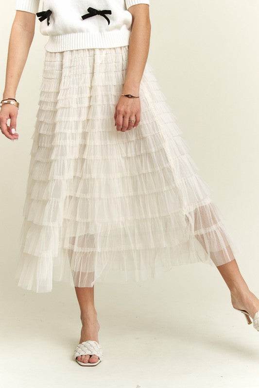 ADORA Elastic Waist Layered Mesh Midi Skirt - Hovatok