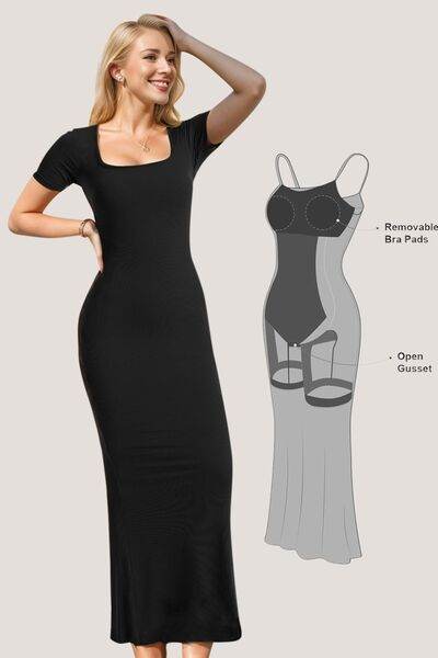 Basic Bae Built-In Shapewear Square Neck Short Sleeve Maxi Dress - Hovatok