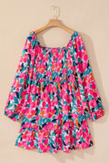 Plus Size Smocked Floral Square Neck Balloon Sleeve Dress - Hovatok
