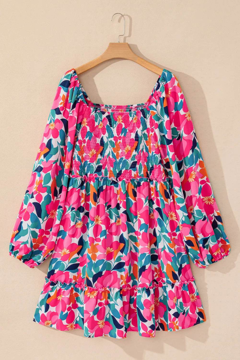 Plus Size Smocked Floral Square Neck Balloon Sleeve Dress - Hovatok
