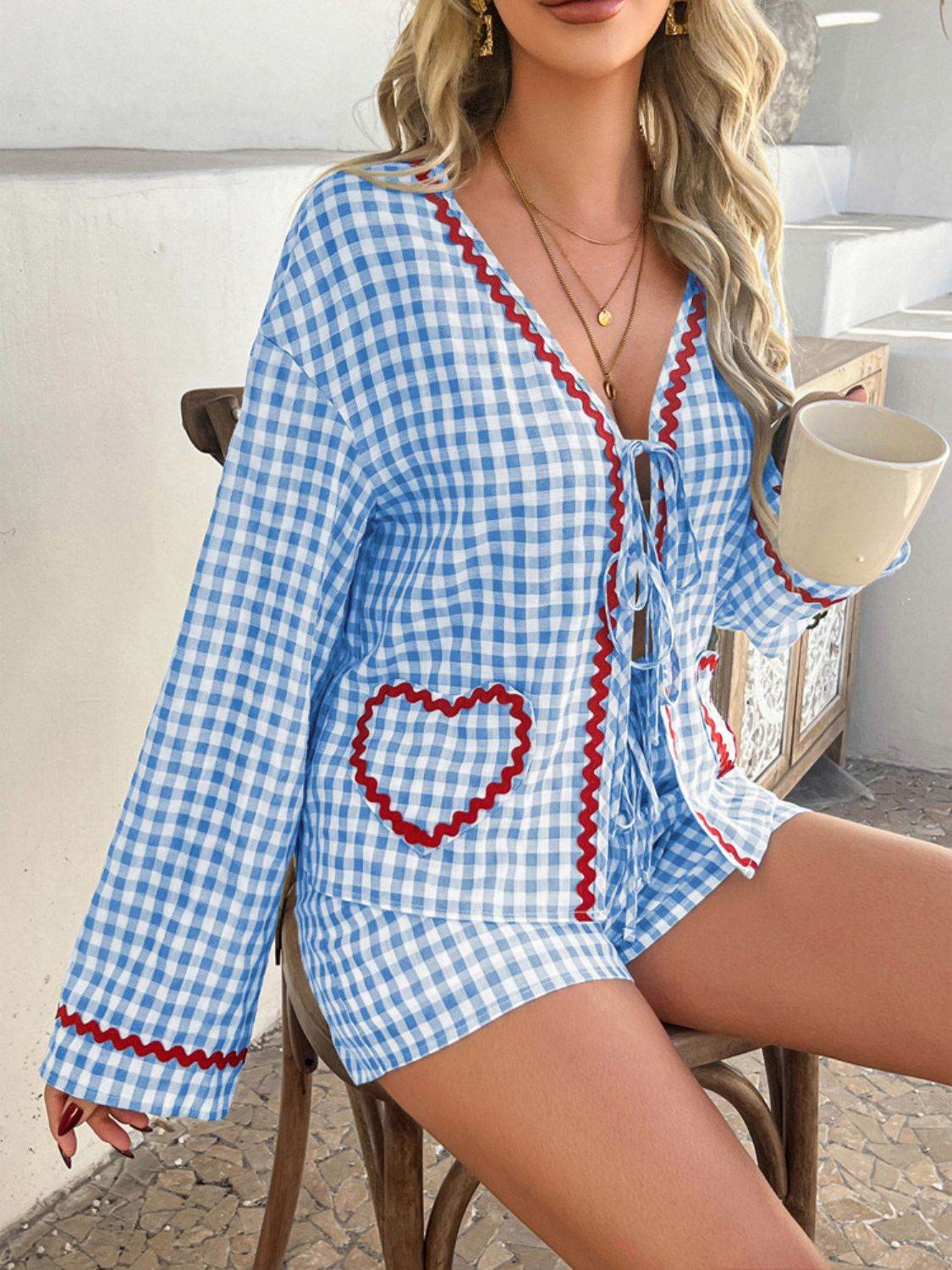 Devine Tie Front Contrast Plaid Shirt and Shorts Set - Hovatok