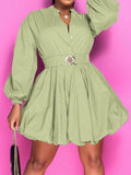 Notched Button Up Balloon Sleeves Dress - Hovatok
