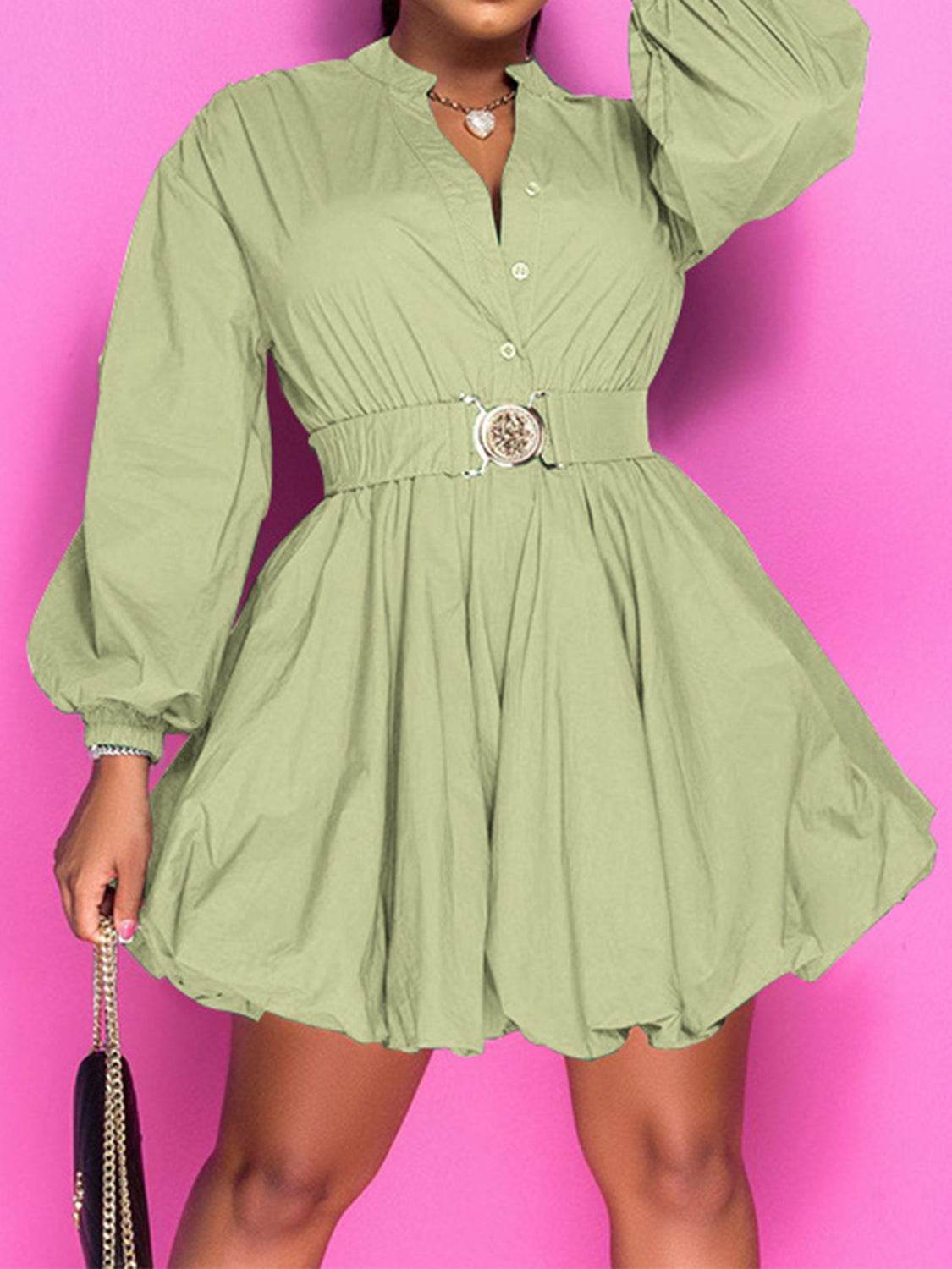 Notched Button Up Balloon Sleeves Dress - Hovatok