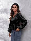 V-Neck Balloon Sleeve Peplum Blouse - Hovatok