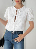 Perfee Tied Eyelet Short Sleeve Bodysuit - Hovatok
