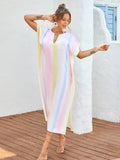 Slit Striped Notched Short Sleeve Cover Up - Hovatok