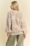 Davi & Dani Flower Texture Round Neck Dropped Shoulder Sweater - Hovatok