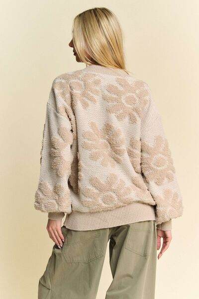 Davi & Dani Flower Texture Round Neck Dropped Shoulder Sweater - Hovatok