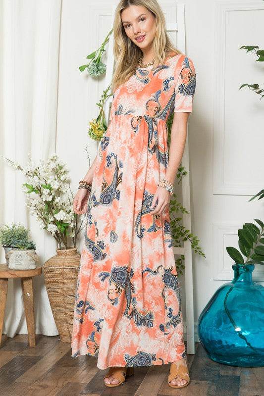 Celeste Paisley Print Short Sleeve Maxi Dress with Pockets - Hovatok