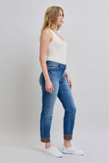 Judy Blue Full Size Plaid Print Cuff Straight Leg Jeans with Pockets - Hovatok