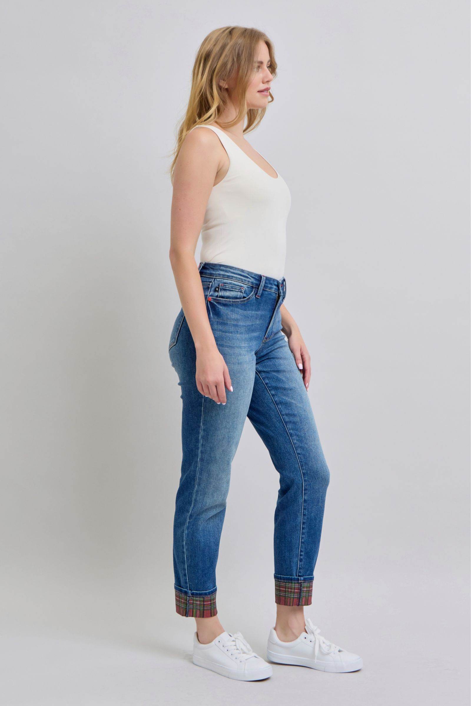 Judy Blue Full Size Plaid Print Cuff Straight Leg Jeans with Pockets - Hovatok
