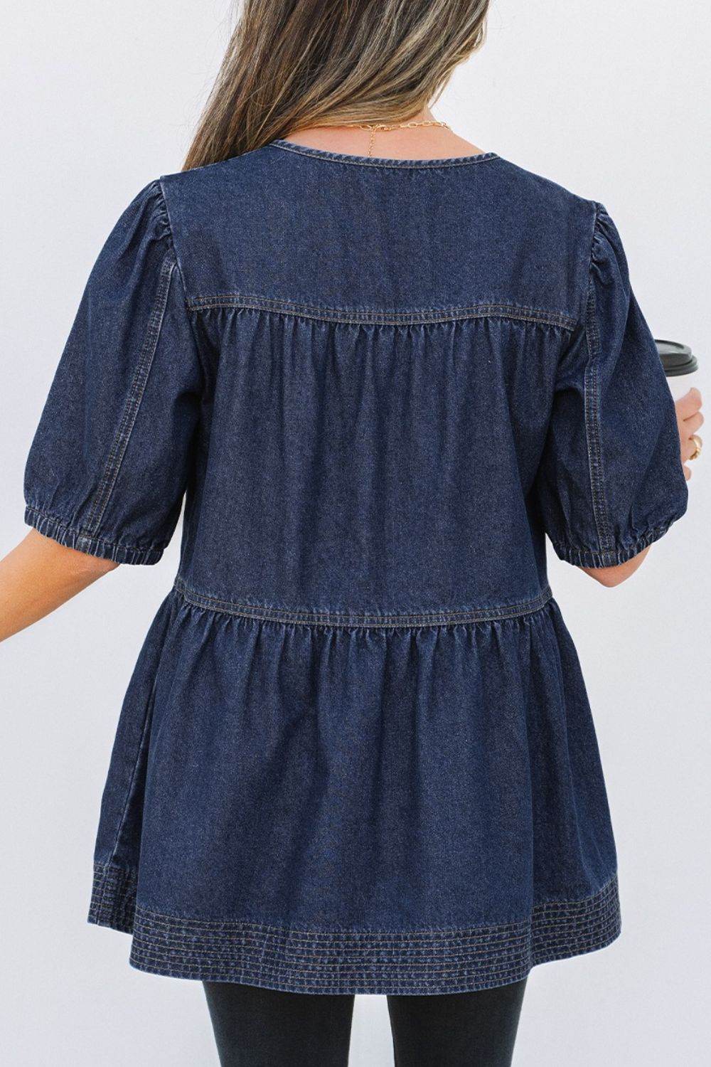 Tie Neck Babydoll Denim Top - Hovatok