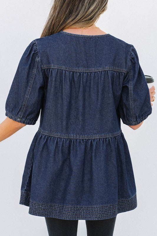 Tie Neck Babydoll Denim Top - Hovatok