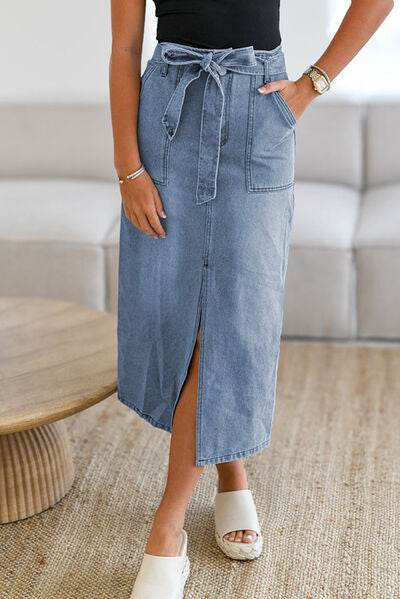 Tied Slit Denim Skirt - Hovatok