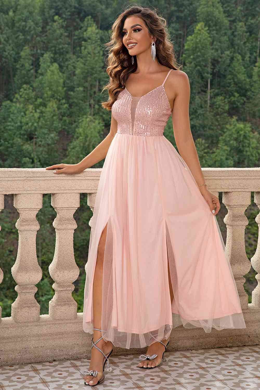 Spaghetti Strap Slit Mesh Dress - Hovatok