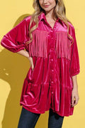 And The Why Fringe Detailed Velvet Shirt Dress - Hovatok