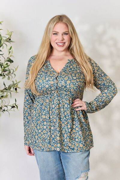 Heimish Full Size Floral Half Button Long Sleeve Blouse - Hovatok