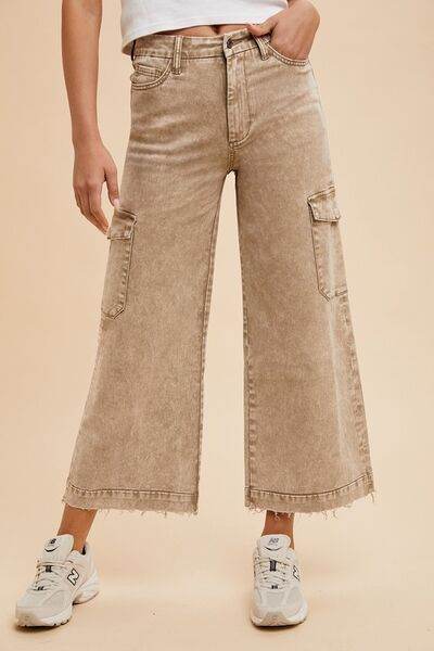 Annie Wear Raw Hem Wide Leg Jeans with Cargo Pockets - Hovatok