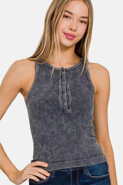 Zenana Washed Ribbed Half Snap Seamless Tank - Hovatok