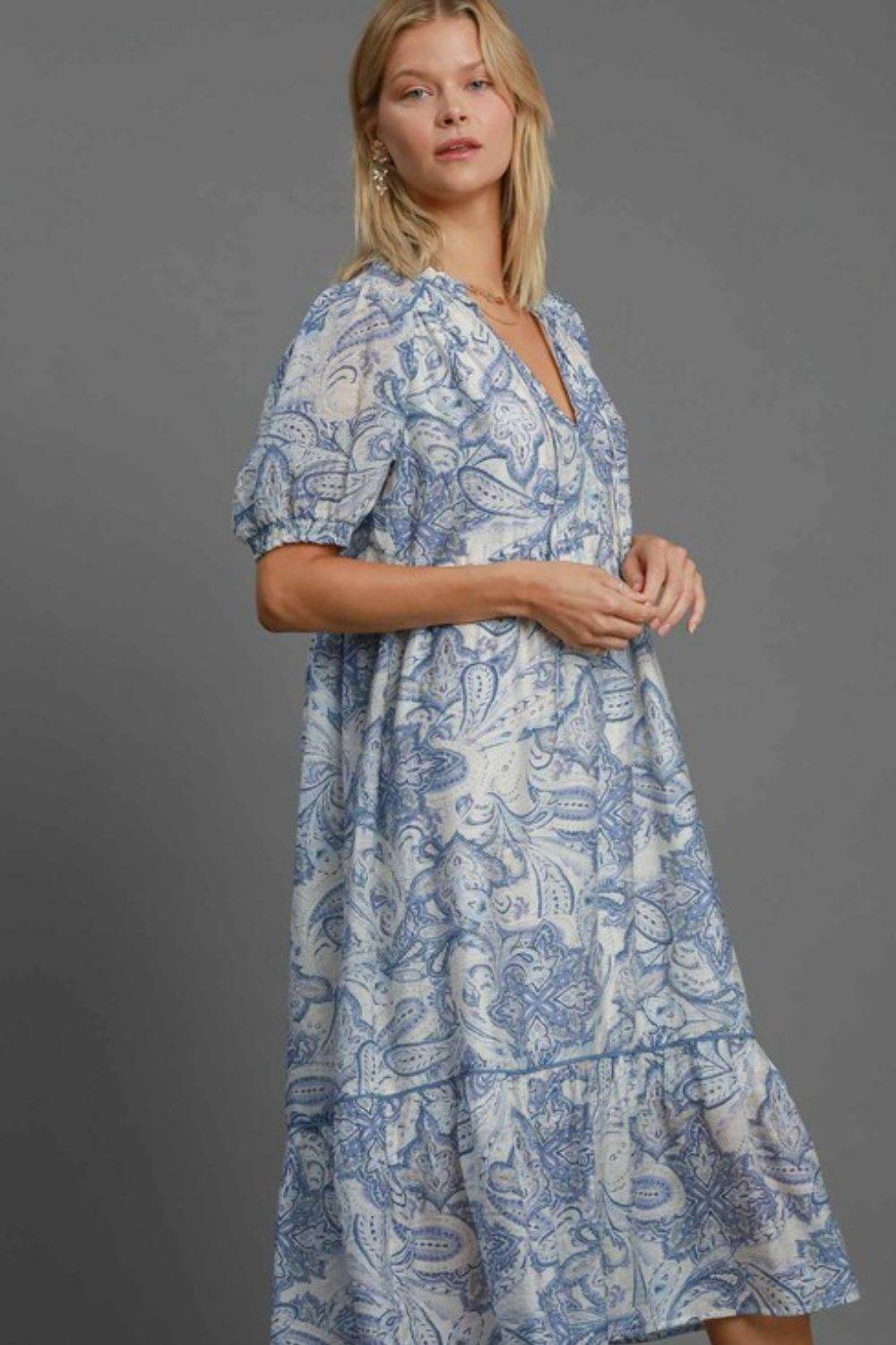 Umgee Full Size Printed Puff Short Sleeve Midi Dress Plus Size - Hovatok
