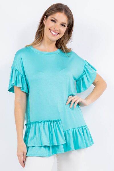 Celeste Full Size Ruffle Detail Asymmetrical Top Plus Size - Hovatok