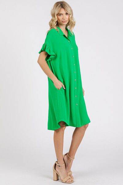 Mittoshop Button Down Flounce Sleeve Dress with Pockets - Hovatok