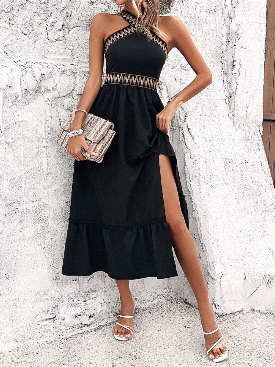 Devine Ruffled Slit Sleeveless Midi Dress - Hovatok