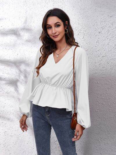 V-Neck Balloon Sleeve Peplum Blouse - Hovatok